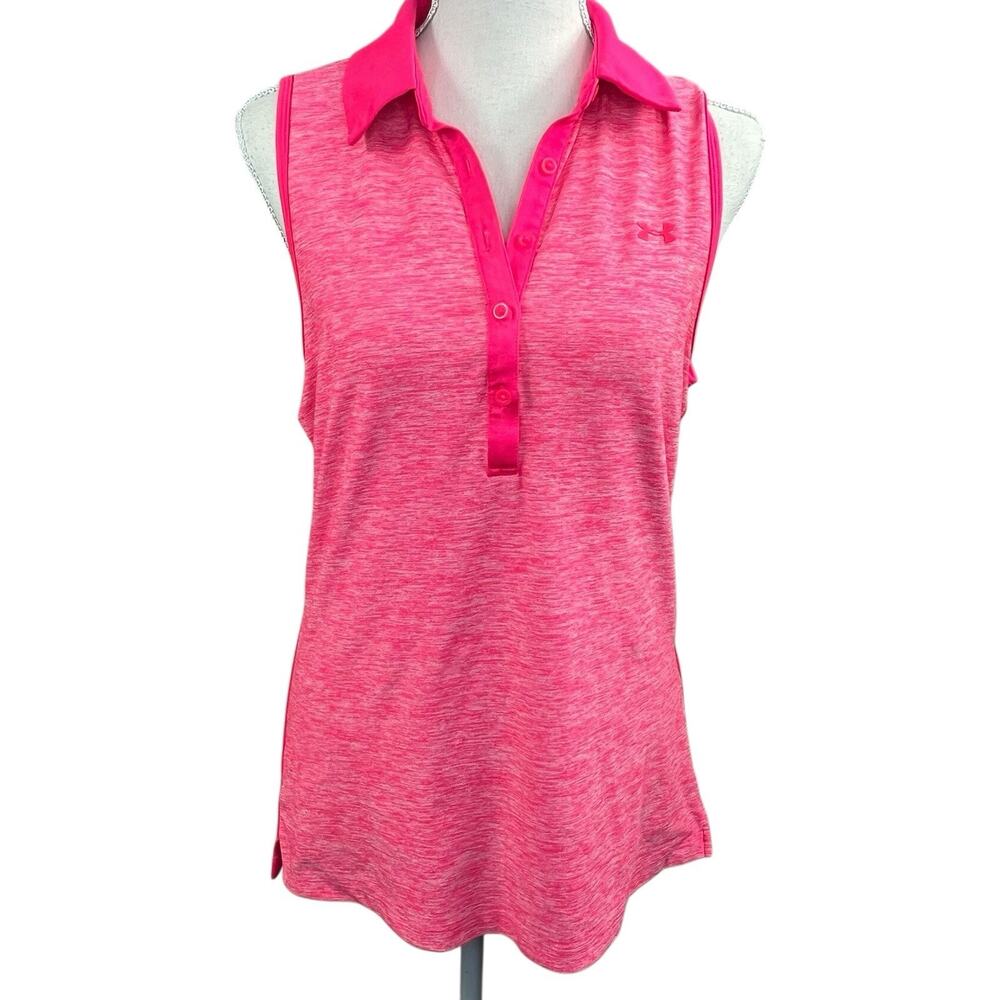 Under Armour Women’s Fluoro Pink Heathered Sleeveless Polo Golf Tennis Shirt M